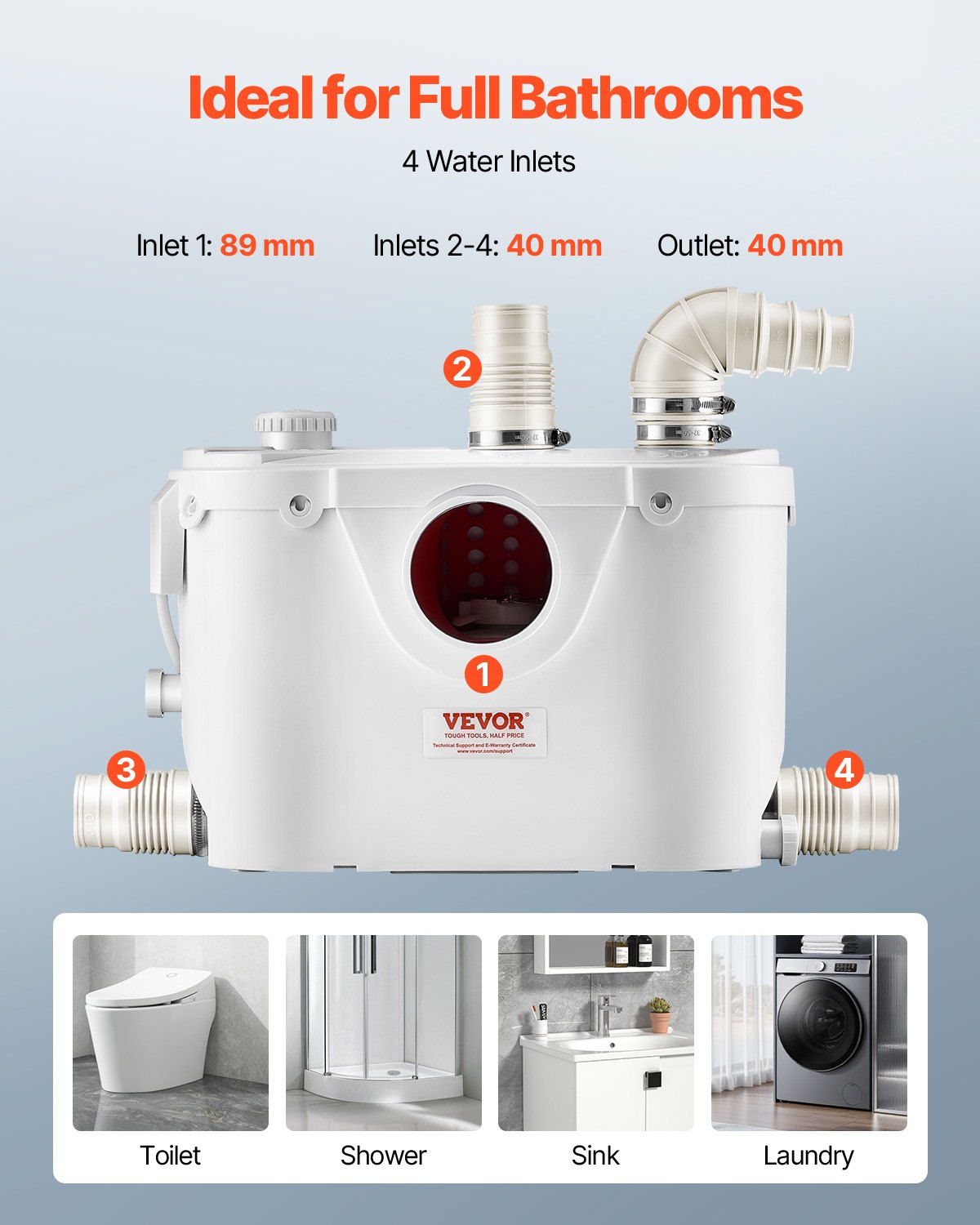 VEVOR Macerator Pump 500W 29 GPM Flow 26 ft Head Lift for Toilet Basement Sink