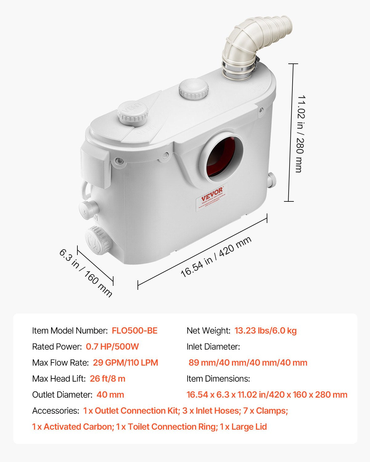VEVOR Macerator Pump 500W 29 GPM Flow 26 ft Head Lift for Toilet Basement Sink