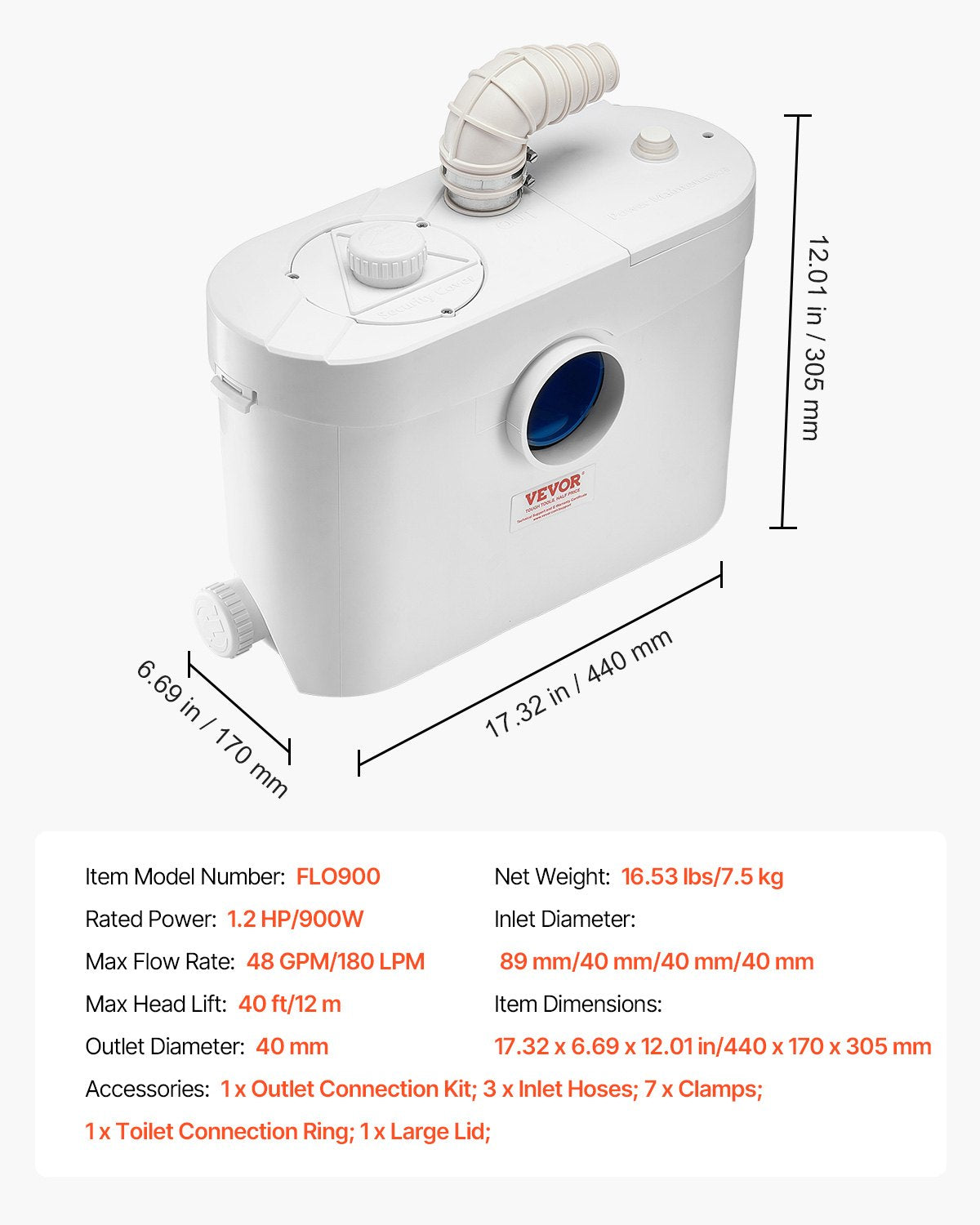 VEVOR Macerator Pump 900W 48 GPM Flow 40 ft Head Lift for Toilet Basement Sink