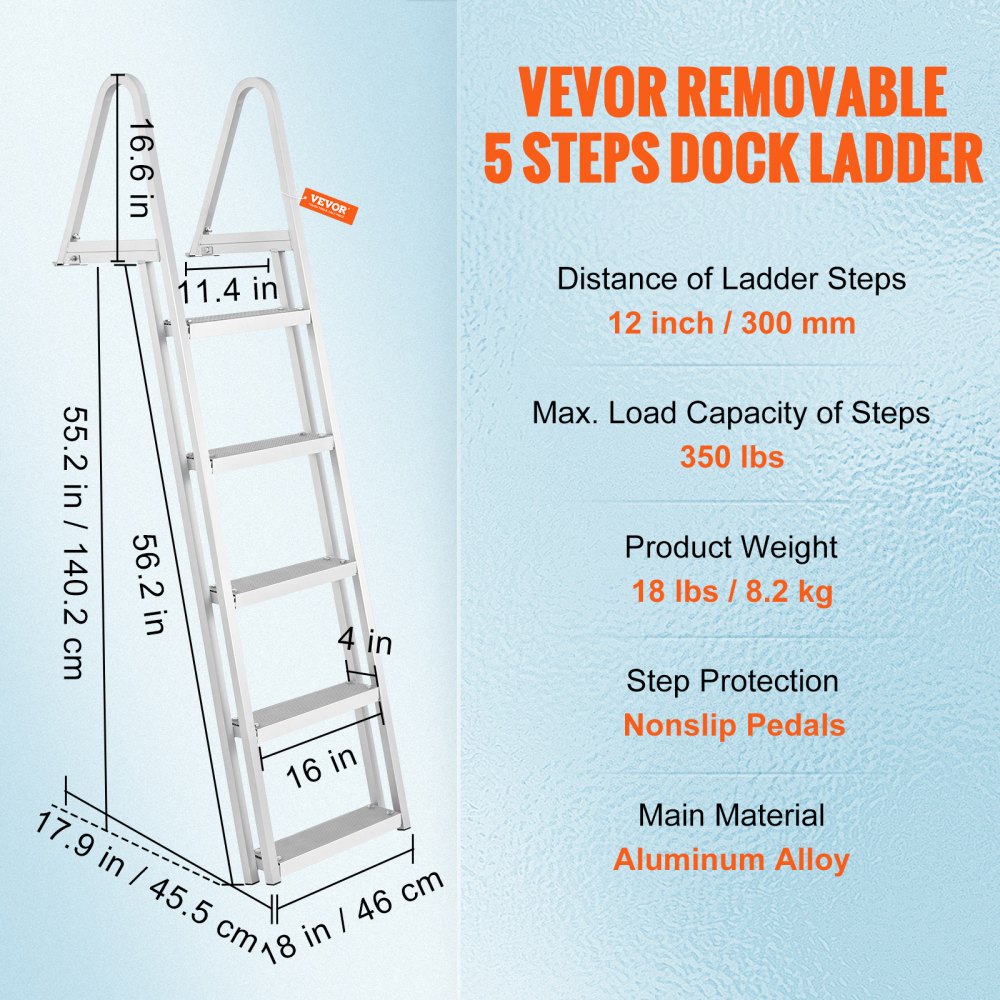 VEVOR Dock Ladder, Removable 5 Steps, 350 lbs Load Capacity, Aluminum Alloy Pontoon Boat Ladder with 4'' Wide Step & Nonslip Rubber Mat, Easy to Install for Ship/Lake/Pool/Marine Boarding