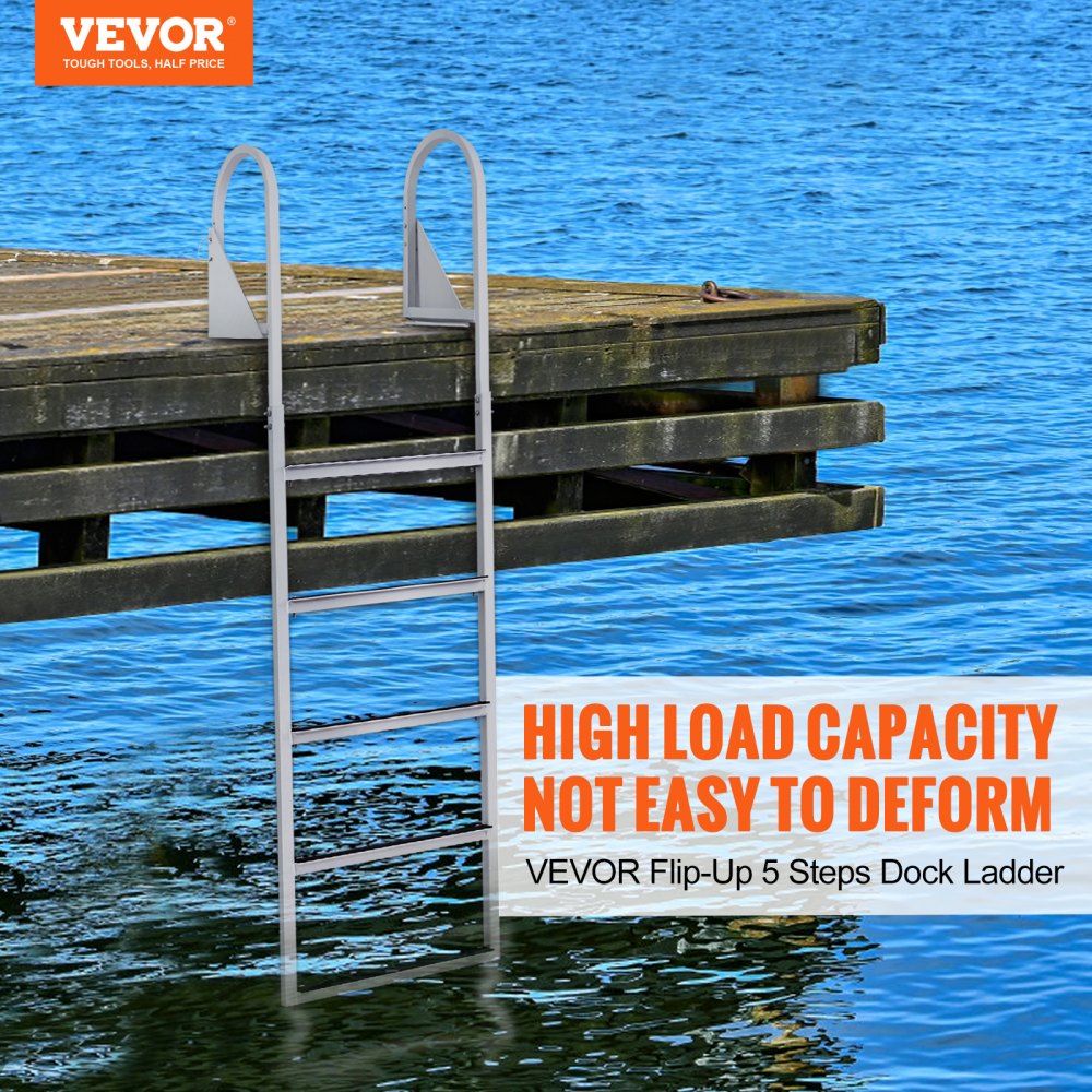 VEVOR Dock Ladder, Flip-Up 5 Steps, 350 lbs Load Capacity, Aluminum Alloy Pontoon Boat Ladder with 2'' Wide Step & Nonslip Rubber Mat, Easy to Install for Ship/Lake/Pool/Marine Boarding