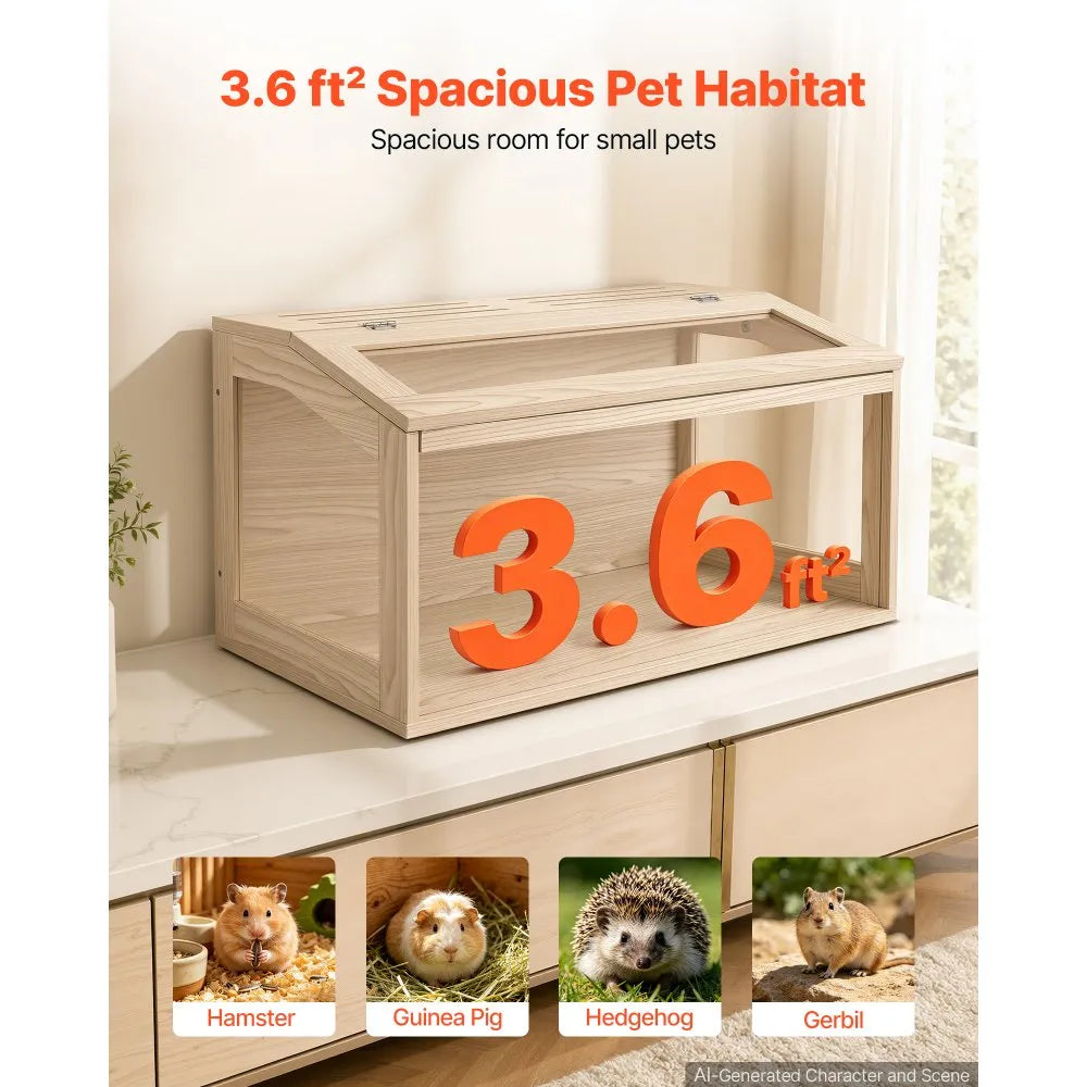 Wooden Hamster Cage, 31.9" Large Small Animal Habitat with 270° Clear Acrylic Viewing, Openable Top & Ventilated Enclosure