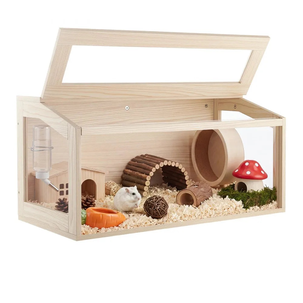 Wooden Hamster Cage, 31.9" Large Small Animal Habitat with 270° Clear Acrylic Viewing, Openable Top & Ventilated Enclosure