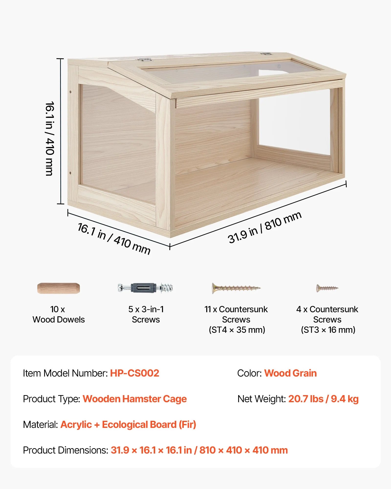 Wooden Hamster Cage, 31.9" Large Small Animal Habitat with 270° Clear Acrylic Viewing, Openable Top & Ventilated Enclosure