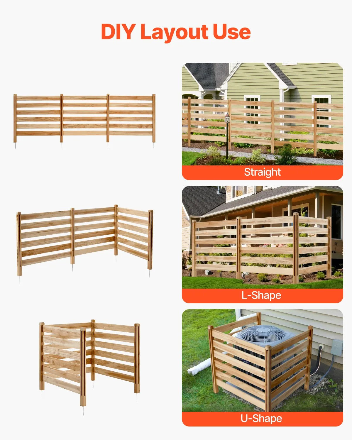 VEVOR Wood Privacy Fence 3 Panels Slatted Air Conditioner Fence 36" W x 36" L