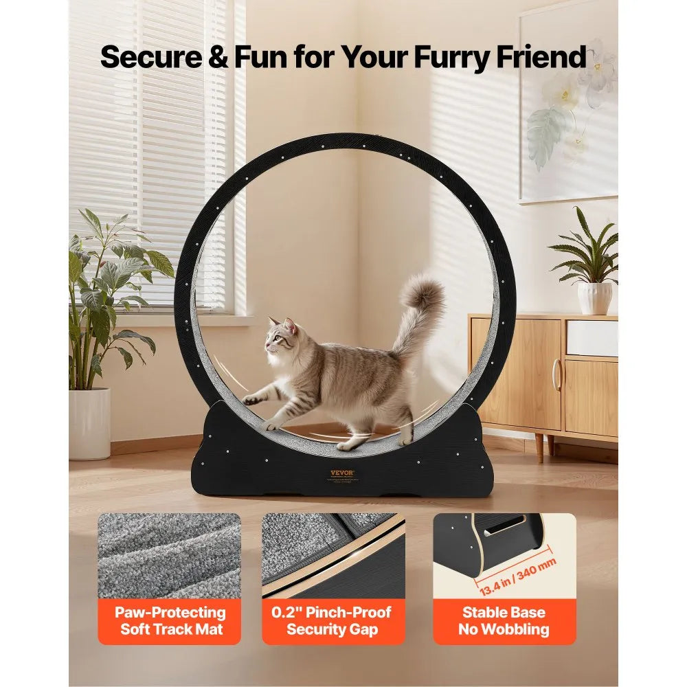 VEVOR Cat Exercise Wheel, 48 in Wooden Cat Running Wheel for Indoor Cats up to 28 lbs, Cats Treadmill with Carpeted Runway & Locking Mechanism, Quiet Kitten Sport Toys for Pets Fitness & Health, Black