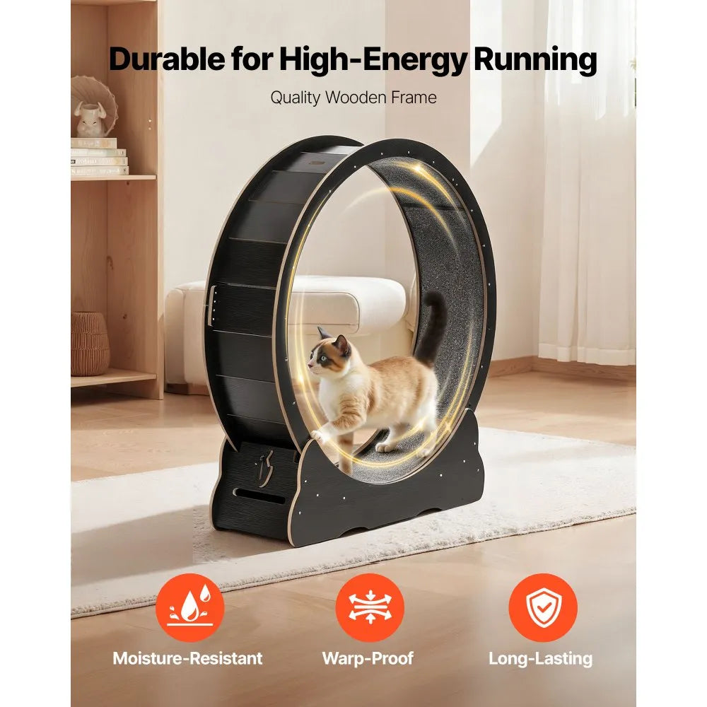 VEVOR Cat Exercise Wheel, 48 in Wooden Cat Running Wheel for Indoor Cats up to 28 lbs, Cats Treadmill with Carpeted Runway & Locking Mechanism, Quiet Kitten Sport Toys for Pets Fitness & Health, Black