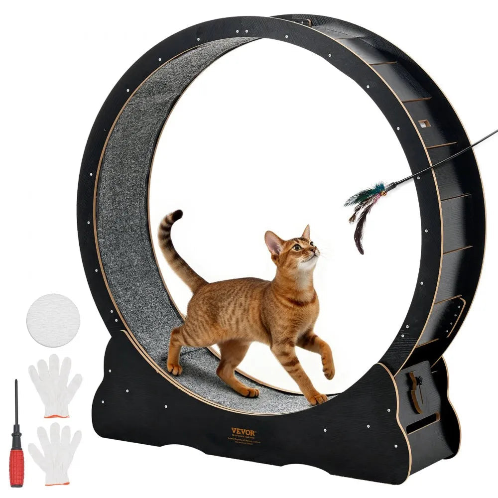 VEVOR Cat Exercise Wheel, 48 in Wooden Cat Running Wheel for Indoor Cats up to 28 lbs, Cats Treadmill with Carpeted Runway & Locking Mechanism, Quiet Kitten Sport Toys for Pets Fitness & Health, Black