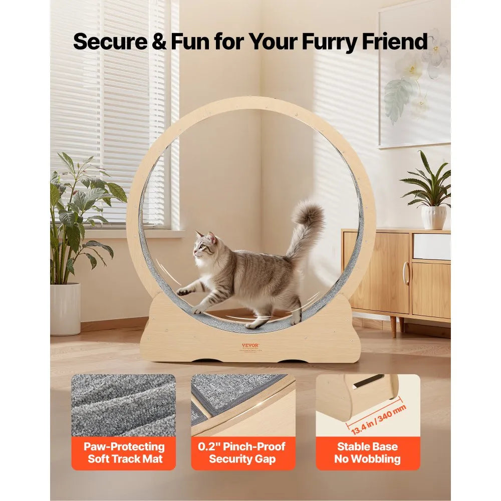 VEVOR Cat Exercise Wheel, 48 in Wooden Cat Running Wheel for Indoor Cats up to 28 lbs, Cats Treadmill with Carpeted Runway & Locking Mechanism, Quiet Roller Kitten Sport Toys for Pets Fitness & Health