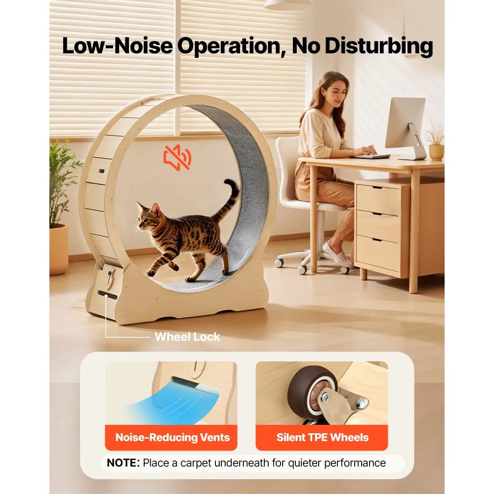 VEVOR Cat Exercise Wheel, 48 in Wooden Cat Running Wheel for Indoor Cats up to 28 lbs, Cats Treadmill with Carpeted Runway & Locking Mechanism, Quiet Roller Kitten Sport Toys for Pets Fitness & Health