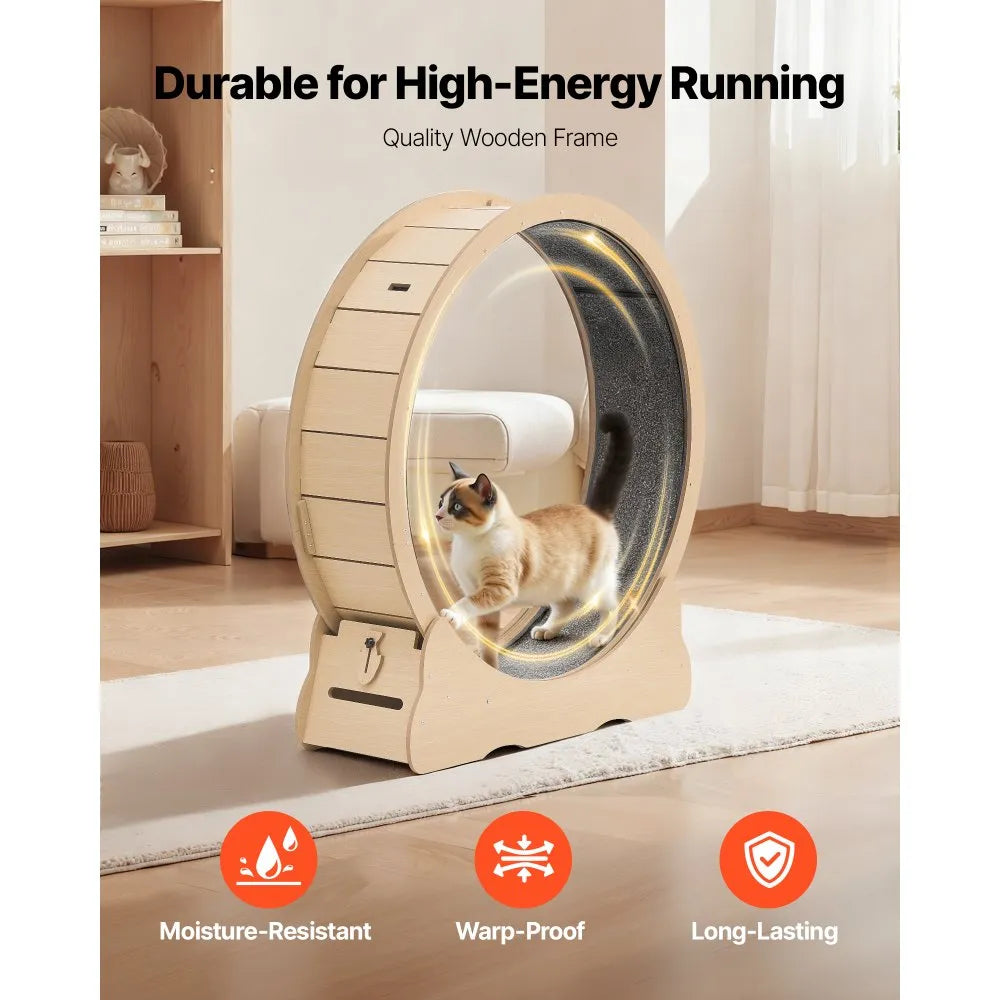 VEVOR Cat Exercise Wheel, 48 in Wooden Cat Running Wheel for Indoor Cats up to 28 lbs, Cats Treadmill with Carpeted Runway & Locking Mechanism, Quiet Roller Kitten Sport Toys for Pets Fitness & Health