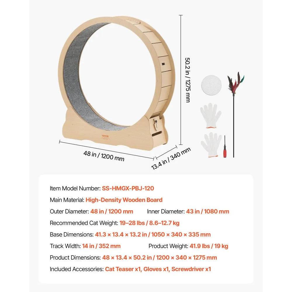 VEVOR Cat Exercise Wheel, 48 in Wooden Cat Running Wheel for Indoor Cats up to 28 lbs, Cats Treadmill with Carpeted Runway & Locking Mechanism, Quiet Roller Kitten Sport Toys for Pets Fitness & Health