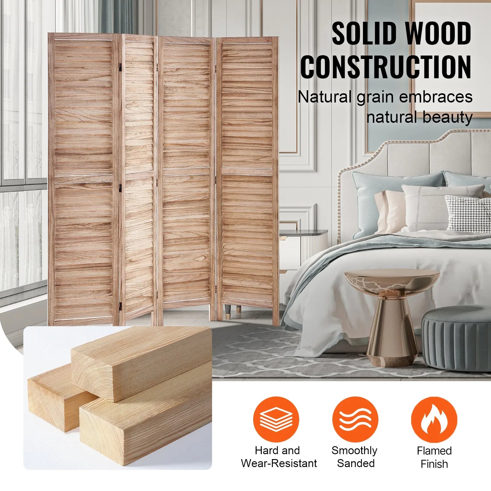 VEVOR Wood Room Divider Wooden Privacy Screen 4 Panel Room Separation Divider
