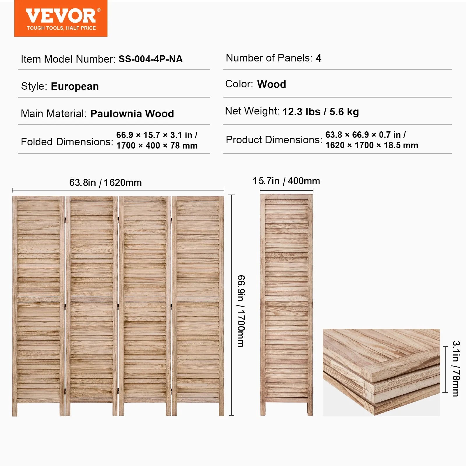 VEVOR Wood Room Divider Wooden Privacy Screen 4 Panel Room Separation Divider