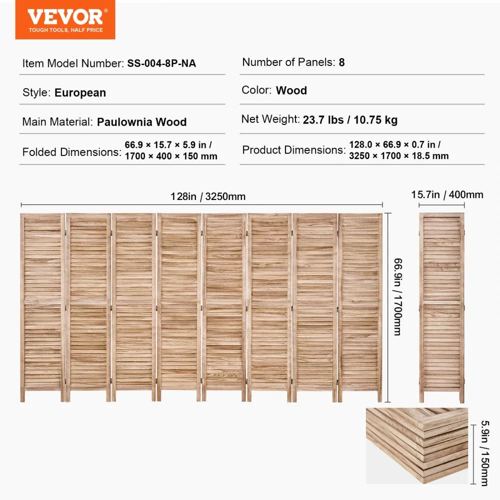 VEVOR Wood Room Divider Wooden Screen 8 Panel for Room Separation Home Office