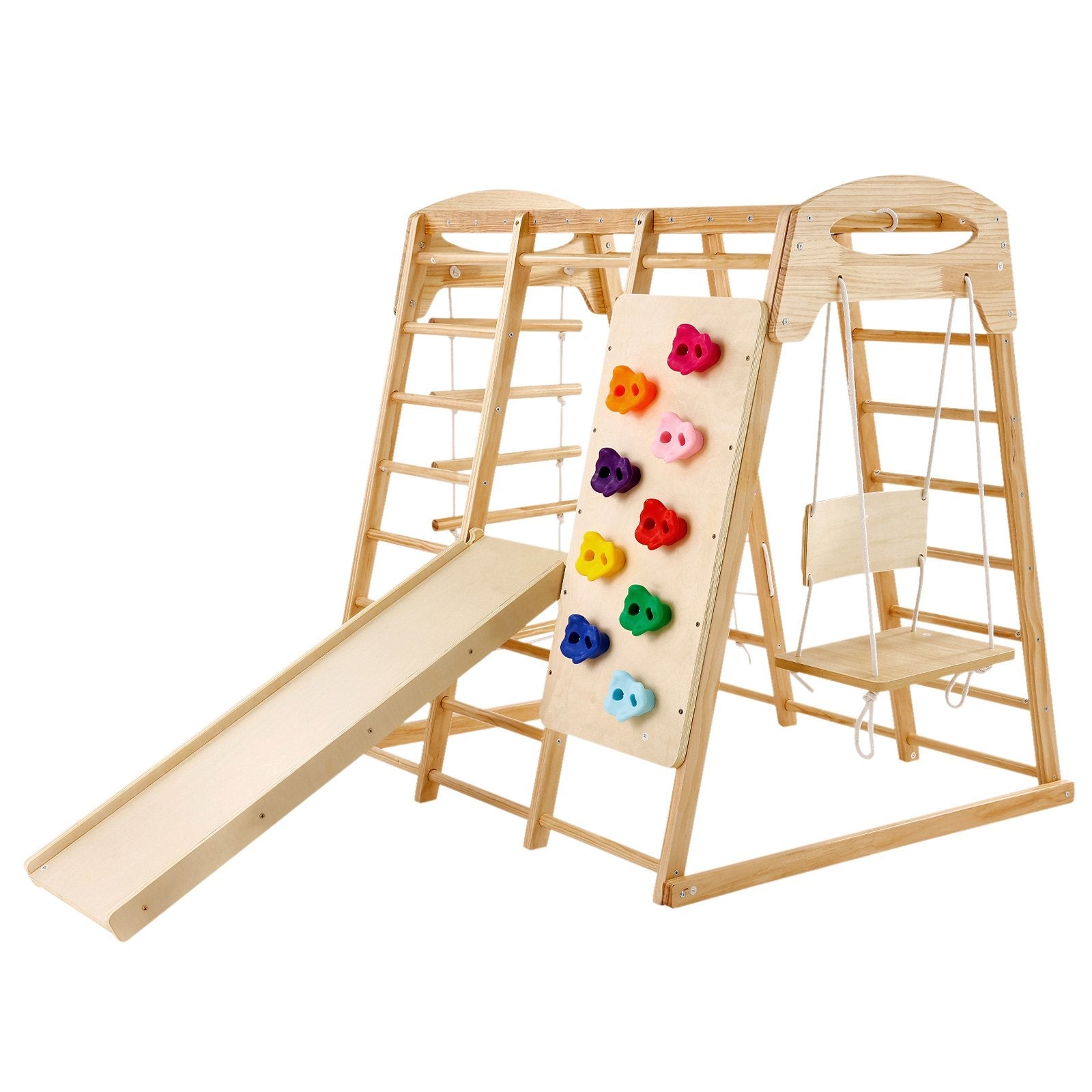 VEVOR Indoor Jungle Gym, 7-in-1 Toddler Indoor Playground, Wooden Toddler Climbing Toys Indoor with Wood & Rope Ladder, Net Ladder, Swing, Monkey Bar, Slide, Climbing Wall, 47.2 x 58 x 56in