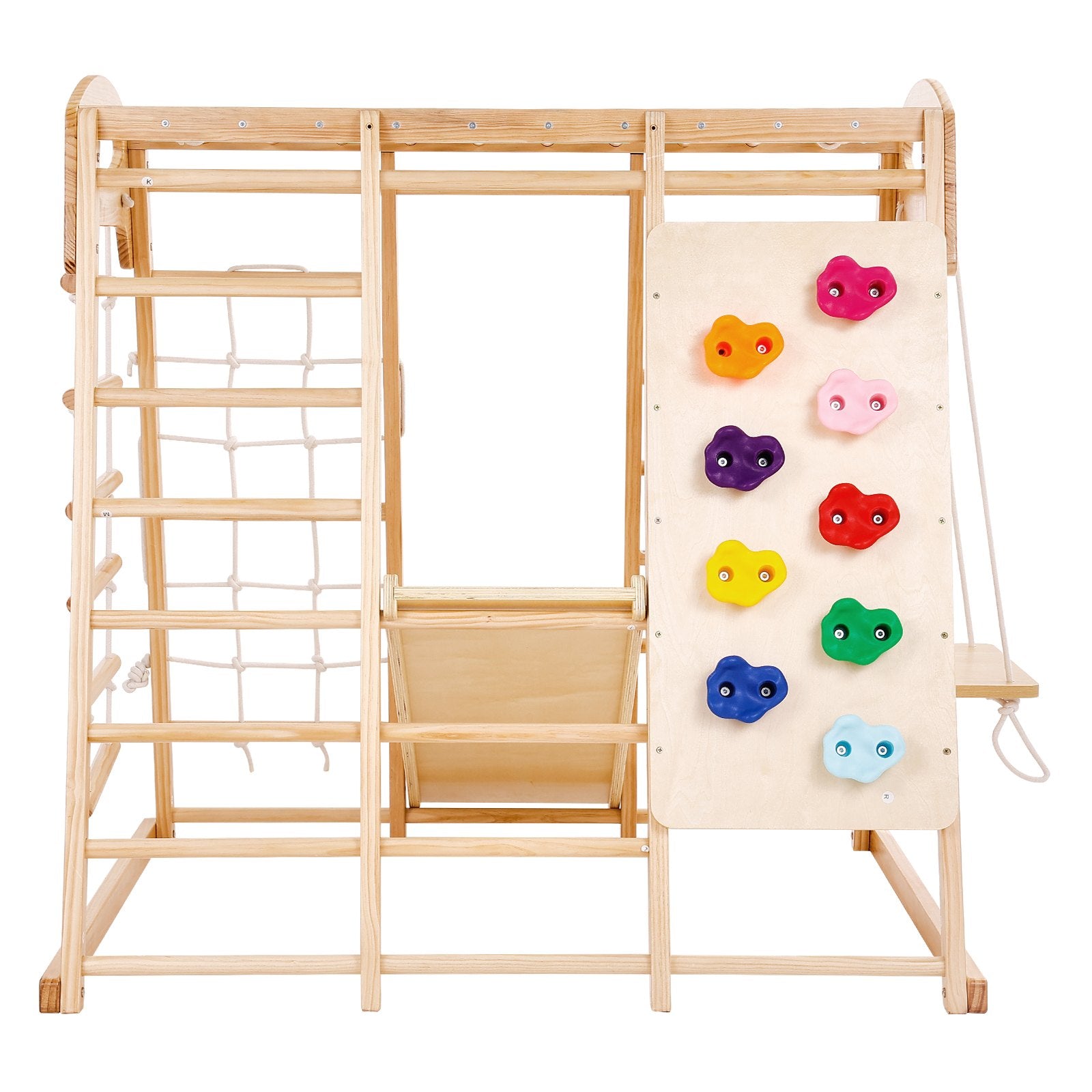 VEVOR Indoor Jungle Gym, 7-in-1 Toddler Indoor Playground, Wooden Toddler Climbing Toys Indoor with Wood & Rope Ladder, Net Ladder, Swing, Monkey Bar, Slide, Climbing Wall, 47.2 x 58 x 56in