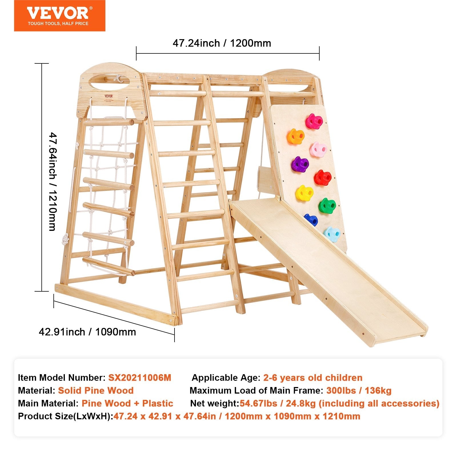 VEVOR Indoor Jungle Gym, 7-in-1 Toddler Indoor Playground, Wooden Toddler Climbing Toys Indoor with Wood & Rope Ladder, Net Ladder, Swing, Monkey Bar, Slide, Climbing Wall, 43 x 47.2 x 47in