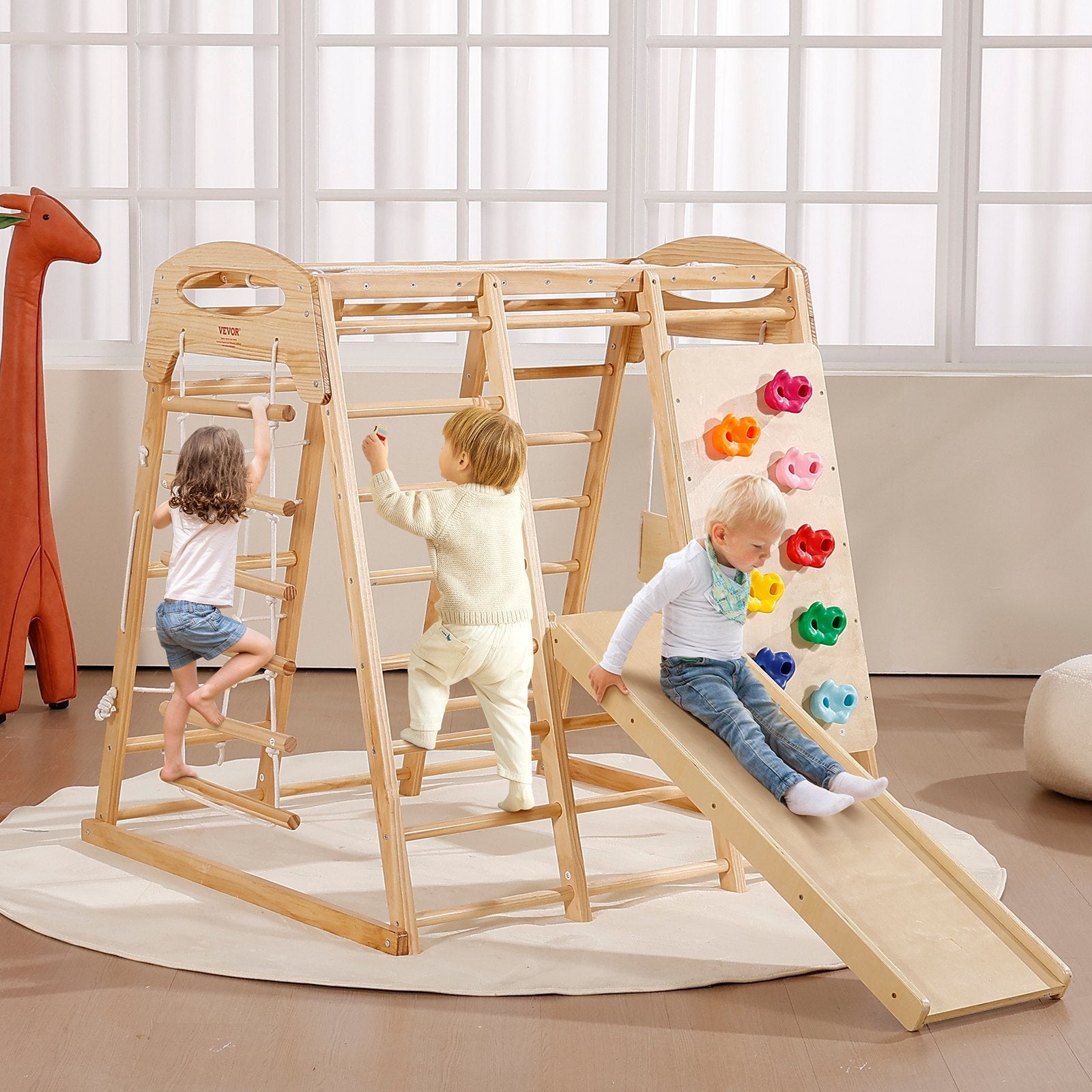 VEVOR Indoor Jungle Gym, 7-in-1 Toddler Indoor Playground, Wooden Toddler Climbing Toys Indoor with Wood & Rope Ladder, Net Ladder, Swing, Monkey Bar, Slide, Climbing Wall, 43 x 47.2 x 47in