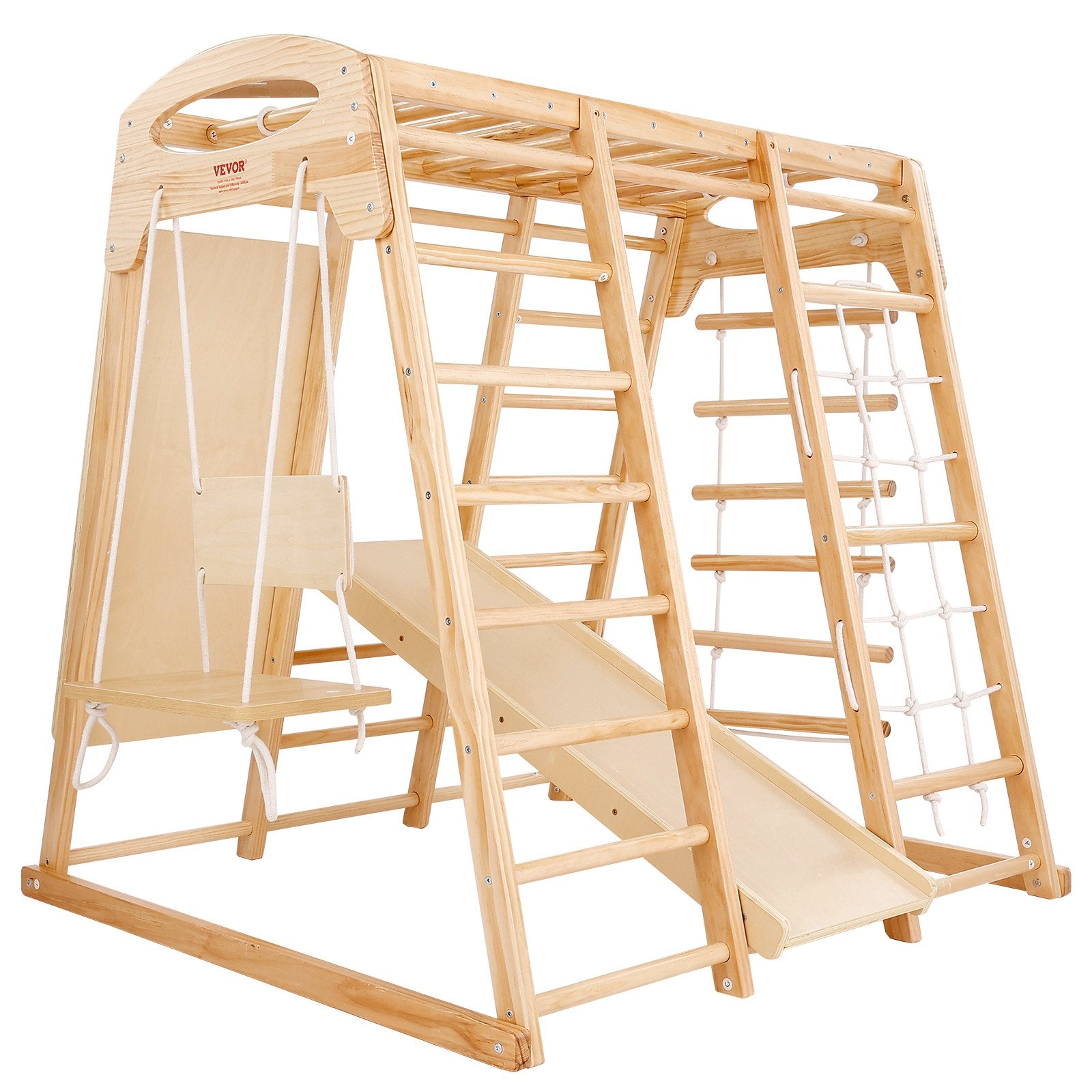 VEVOR Indoor Jungle Gym, 7-in-1 Toddler Indoor Playground, Wooden Toddler Climbing Toys Indoor with Wood & Rope Ladder, Net Ladder, Swing, Monkey Bar, Slide, Climbing Wall, 43 x 47.2 x 47in