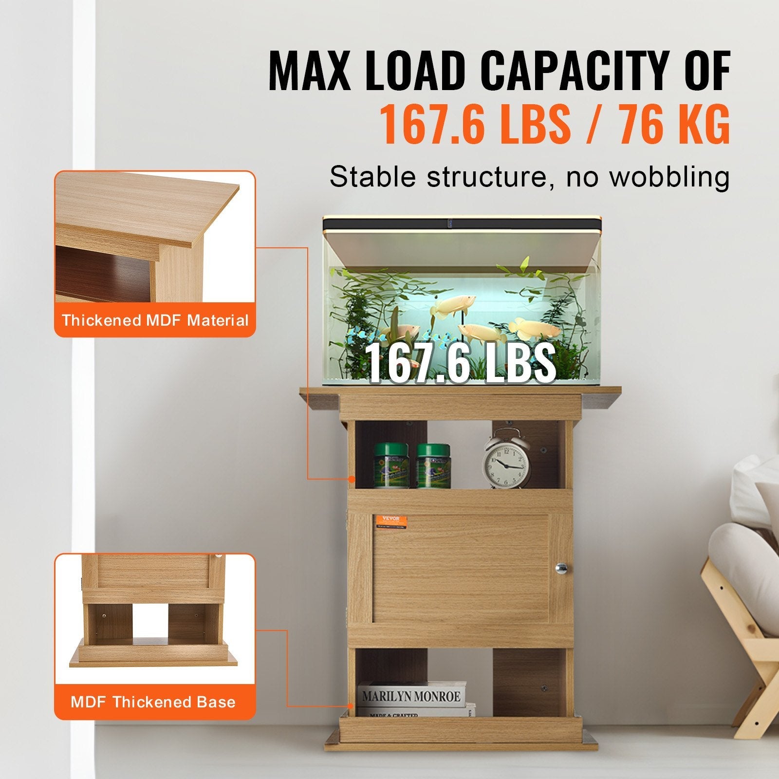 VEVOR Aquarium Stand, 20 Gallon Fish Tank Stand, 25.2 x 15.7 x 28.3 in MDF Turtle Tank Stand, 167.6 lbs Load Capacity, Reptile Tank Stand with Storage, Cabinet and Hardware Kit, Basswood Color
