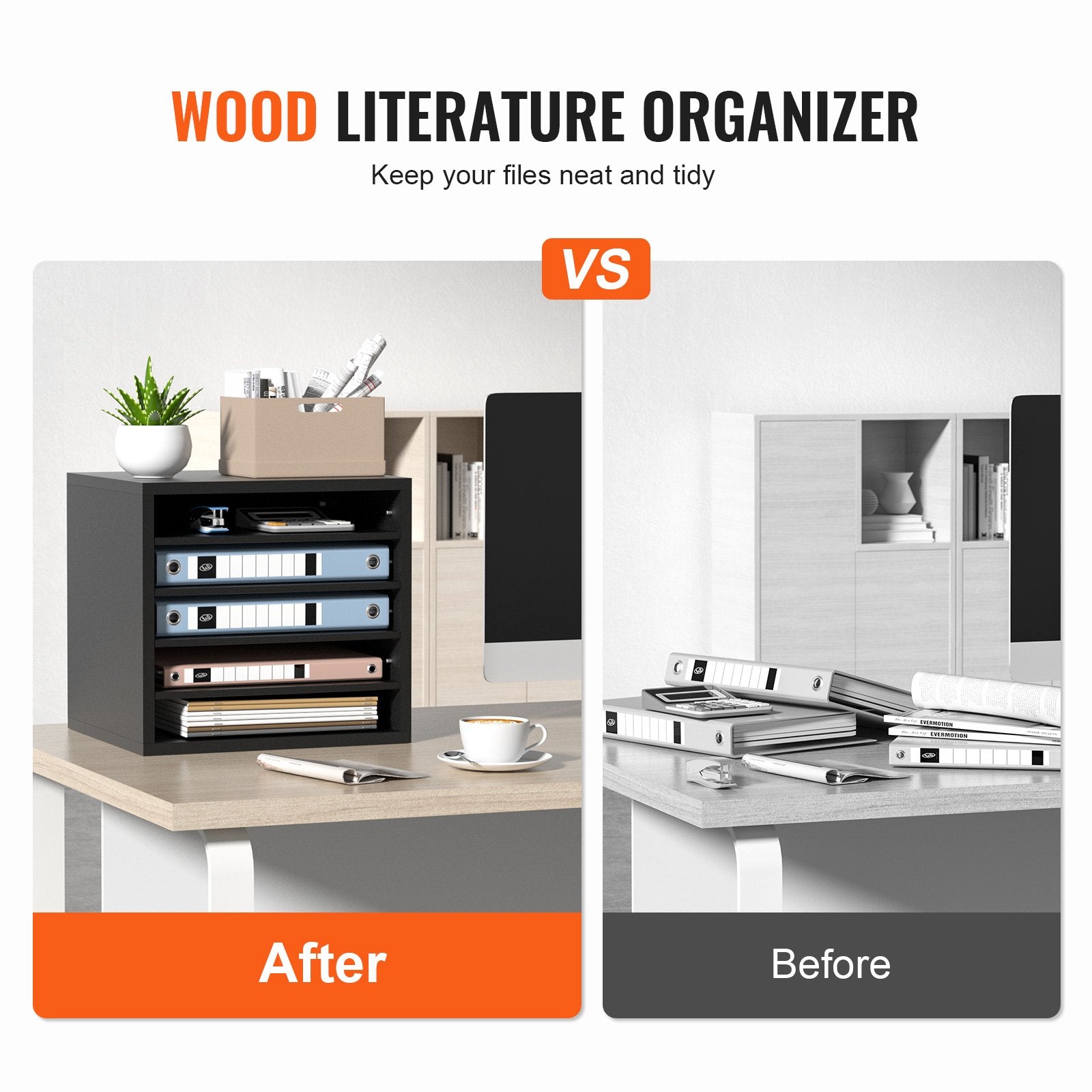 VEVOR Literature Organizers, 5 Compartments Office Mailbox with Adjustable Shelves, Wood Literature Sorter 13.9x12x13 inches for Office, Home, Classroom, Mailrooms Organization, EPA Certified, Black