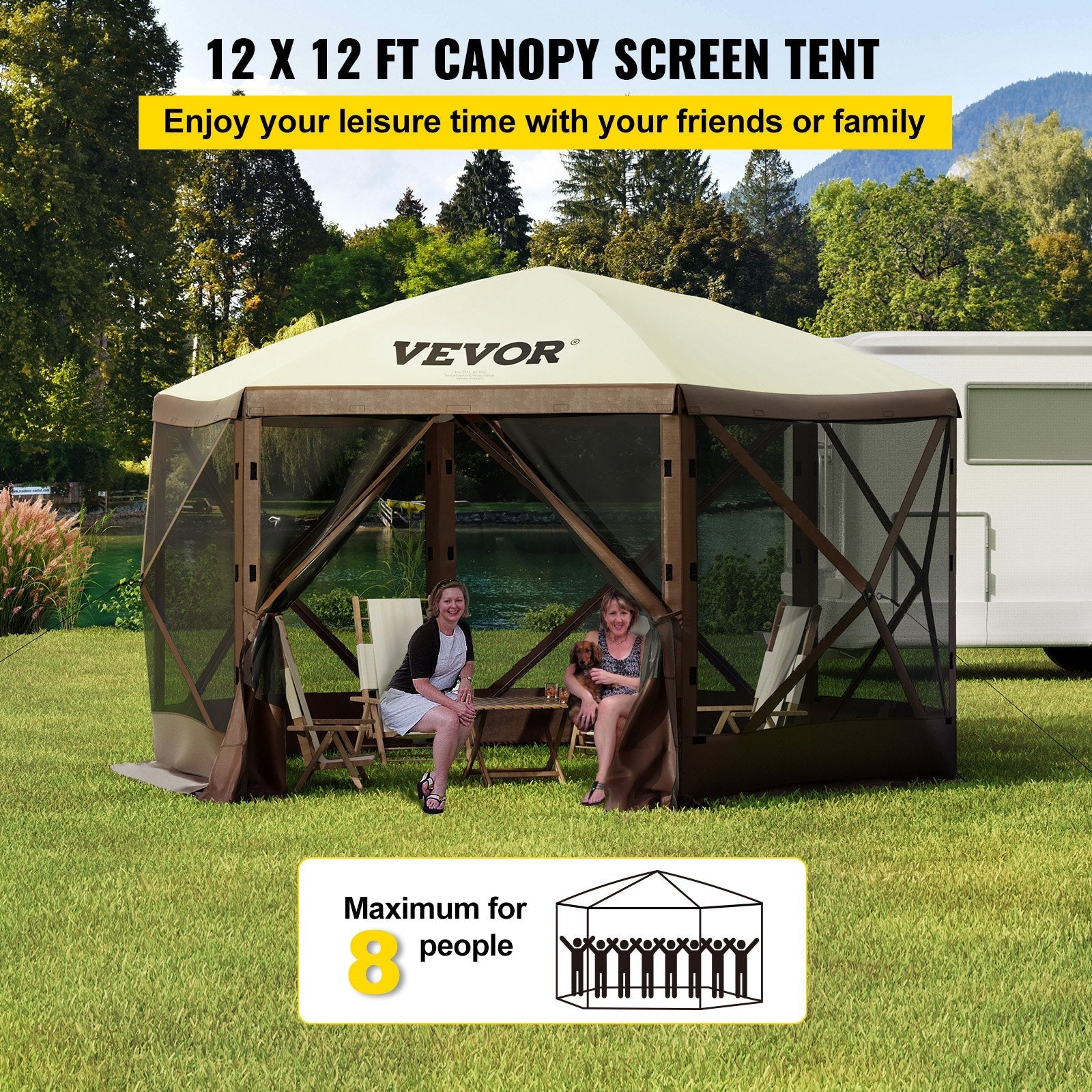 VEVOR Camping Gazebo Tent, 12'x12', 6 Sided Pop-up Canopy Screen Tent for 8 Person Camping, IPX3 Waterproof Screen Shelter w/Portable Storage Bag, Ground Stakes, Mesh Windows, Brown & Beige