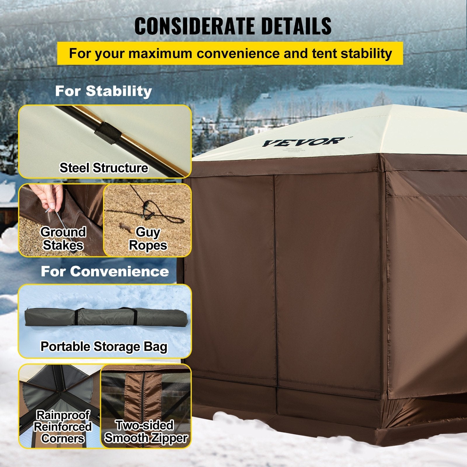 VEVOR Camping Gazebo Tent, 12'x12', 6 Sided Pop-up Canopy Screen Tent for 8 Person Camping, IPX3 Waterproof Screen Shelter w/Portable Storage Bag, Ground Stakes, Mesh Windows, Brown & Beige
