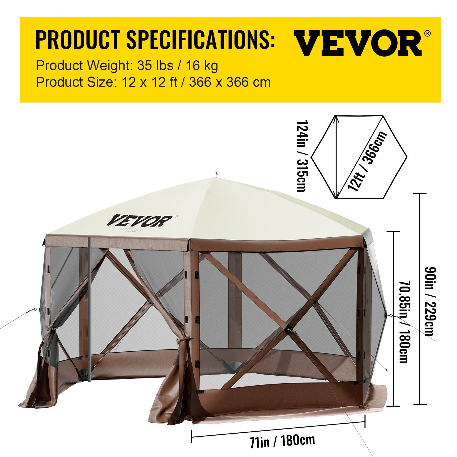 VEVOR Camping Gazebo Tent, 12'x12', 6 Sided Pop-up Canopy Screen Tent for 8 Person Camping, IPX3 Waterproof Screen Shelter w/Portable Storage Bag, Ground Stakes, Mesh Windows, Brown & Beige