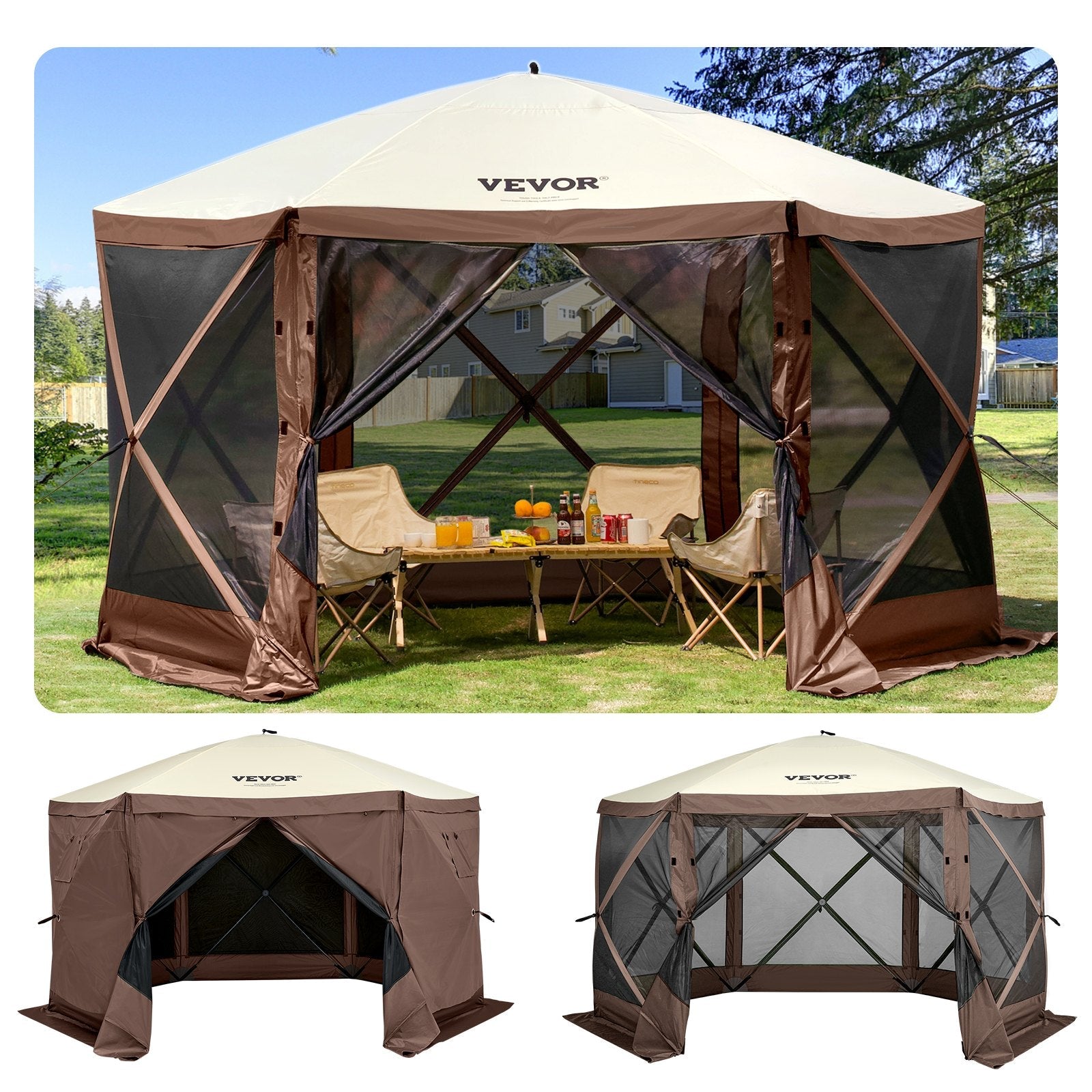VEVOR Camping Gazebo Tent, 12'x12', 6 Sided Pop-up Canopy Screen Tent for 8 Person Camping, IPX3 Waterproof Screen Shelter w/Portable Storage Bag, Ground Stakes, Mesh Windows, Brown & Beige