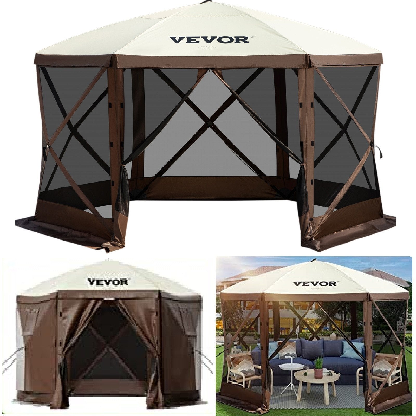 VEVOR Camping Gazebo Tent, 12'x12', 6 Sided Pop-up Canopy Screen Tent for 8 Person Camping, IPX3 Waterproof Screen Shelter w/Portable Storage Bag, Ground Stakes, Mesh Windows, Brown & Beige