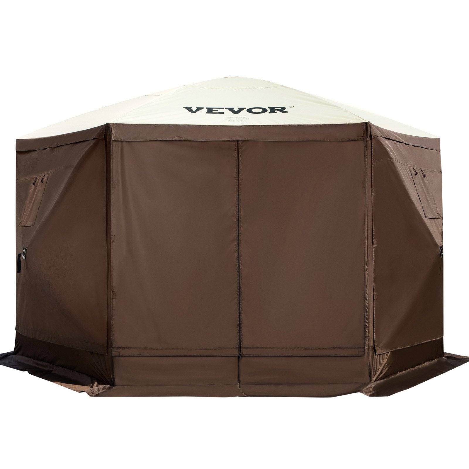 VEVOR Camping Gazebo Tent, 12'x12', 6 Sided Pop-up Canopy Screen Tent for 8 Person Camping, IPX3 Waterproof Screen Shelter w/Portable Storage Bag, Ground Stakes, Mesh Windows, Brown & Beige