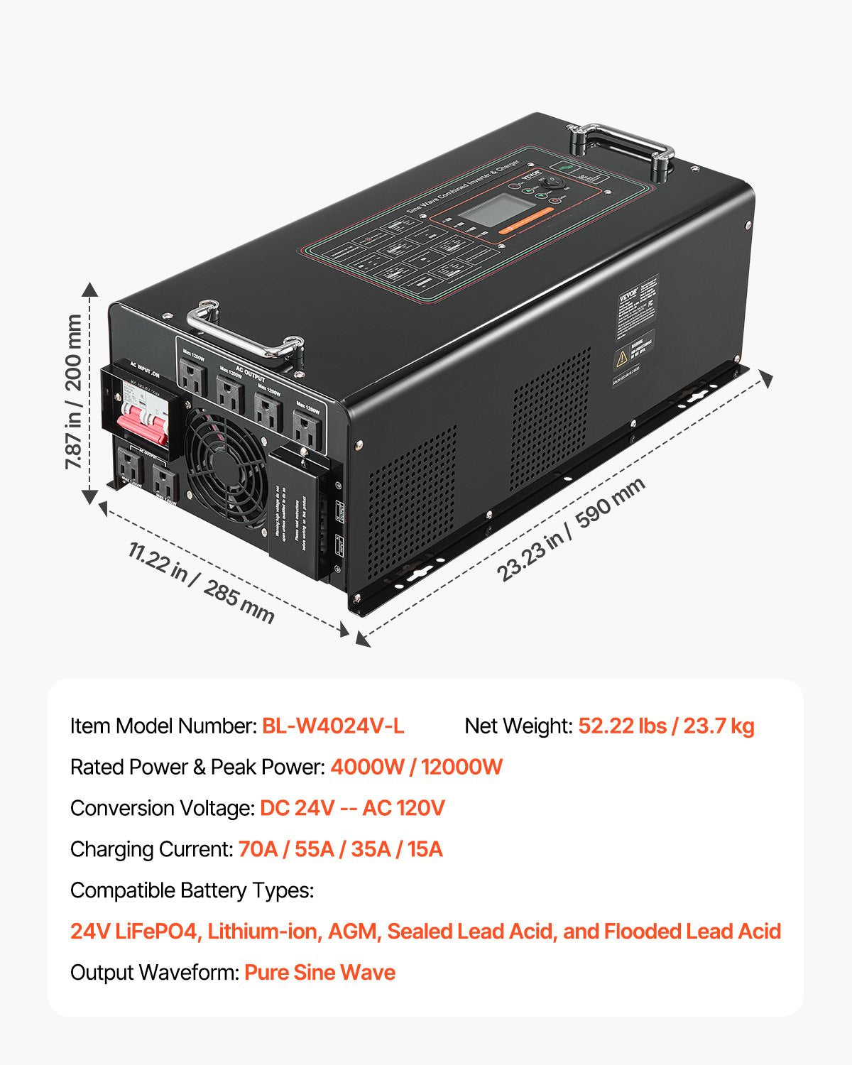 VEVOR 4000W Pure Sine Wave Inverter Charger DC 24V to AC 120V Power Inverter