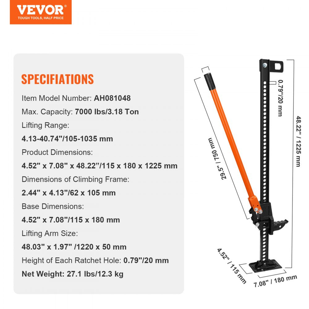 VEVOR High Lift Farm Jack, 48" Utility Farm Jack, 7000 lbs Capacity Ratcheting Off Road Utility Jack, Heavy-Duty Farm Jack for Tractor, Truck, SUV, Bumper Lift, Orange
