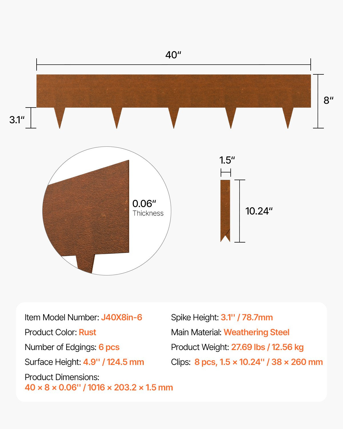 VEVOR Weather-Resistant Steel Landscape Edging 6 Packs 40 x 8in for Yard Garden