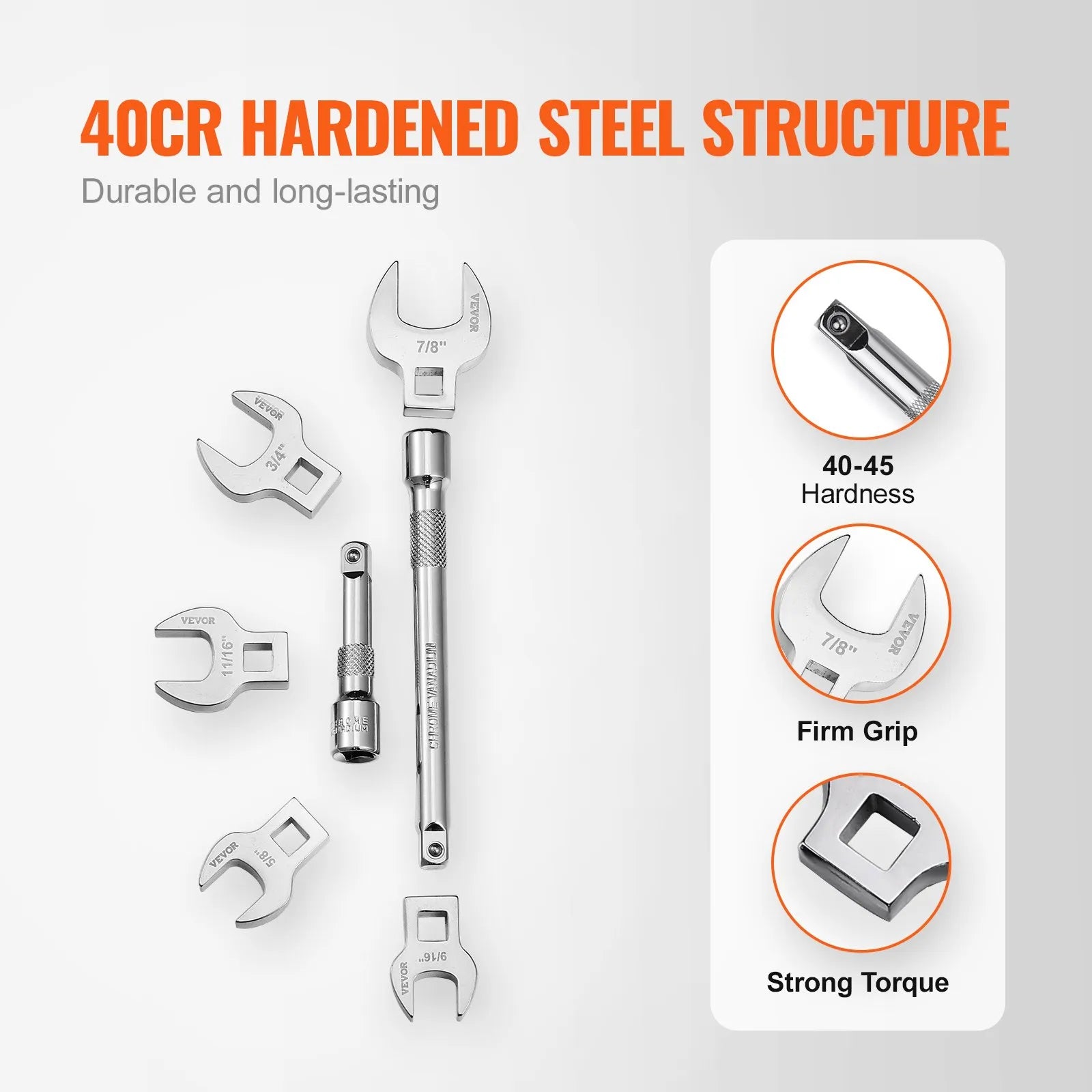VEVOR Crowfoot Wrench Set, 3/8" Drive 20-Piece Crows Foot Wrench Set with 2 Extension Bars and EVA Tool Organizer, SAE 3/8"-7/8" and Metric 10-22 mm, 40CR Material with Mirror Chrome Finish