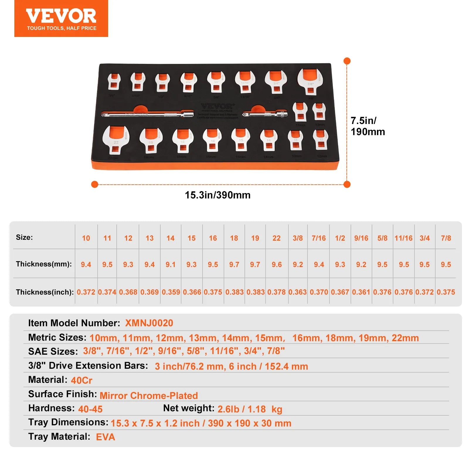 VEVOR Crowfoot Wrench Set, 3/8" Drive 20-Piece Crows Foot Wrench Set with 2 Extension Bars and EVA Tool Organizer, SAE 3/8"-7/8" and Metric 10-22 mm, 40CR Material with Mirror Chrome Finish