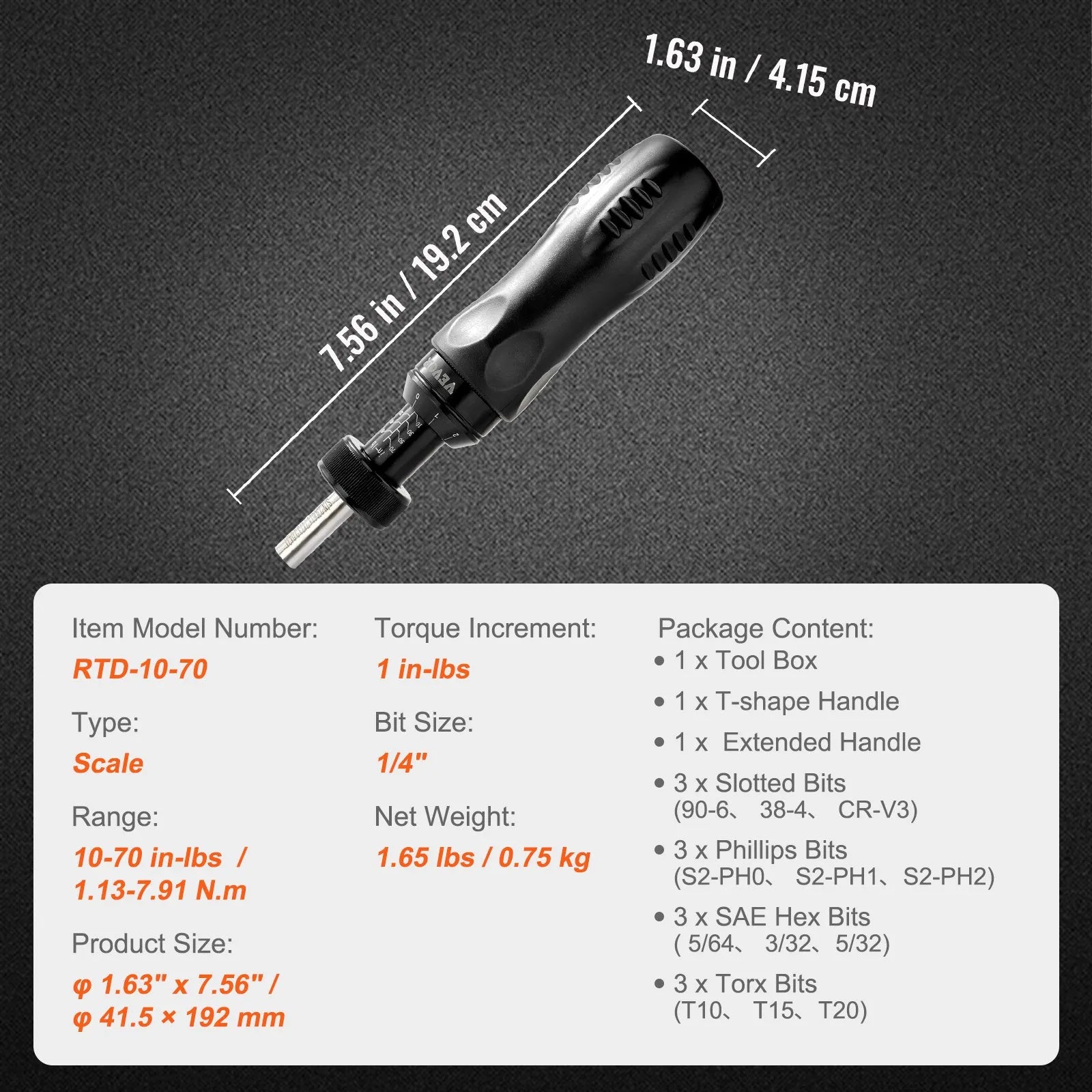 VEVOR Torque Screwdriver, 1/4" Drive Screwdriver Torque Wrench, Electrician Torque Screwdriver with Scale, 10-70 in/lbs Torque Range, 1 in-lbs Torque Increment Torque Screwdriver with Bits & Case
