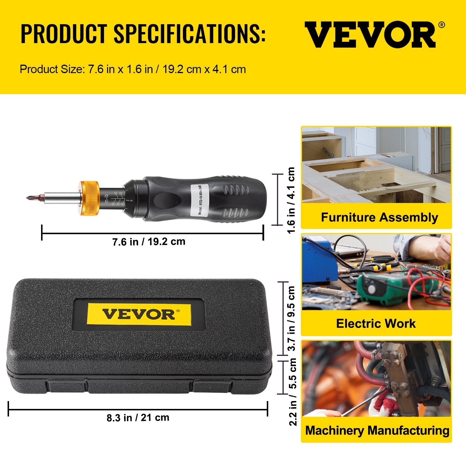 VEVOR Torque Screwdriver, 1/4\" Drive Screwdriver Torque Wrench, Torque Screwdriver Electrician 10-50 in/lbs, Torque Range Accurate to ±5%, 5 in-lb Increment Torque Screwdriver with Bits & Case