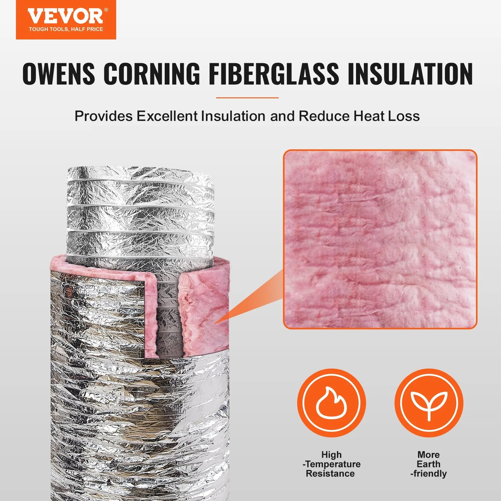 VEVOR Dryer Vent Hose, 4'' Insulated Flexible Duct 25FT Long with 2 Duct Clamps, Heavy-Duty Three Layer Protection for HVAC Heating Cooling Ventilation and Exhaust, R-6.0 Flame Resistance Value