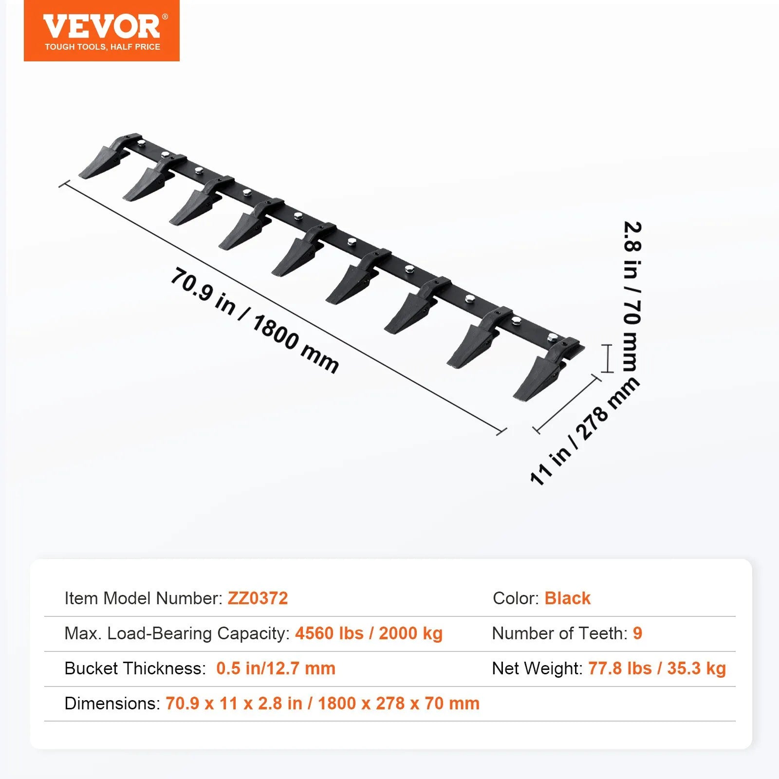 VEVOR Bucket Tooth Bar, 72'', Heavy Duty Tractor Bucket 9 Teeth Bar for Loader Tractor Skidsteer, 4560 lbs Load-Bearing Capacity Bolt On Design, for Efficient Soil Excavation and Bucket Protection