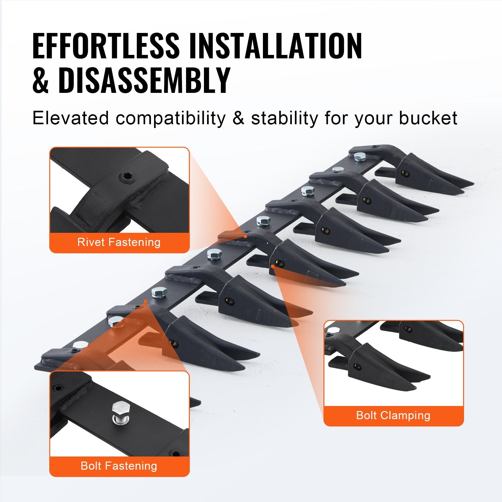 VEVOR Bucket Tooth Bar, 53'', Heavy Duty Tractor Bucket Teeth Bar for Sub-Compact Tractor Loader, 4560 lbs Load-Bearing Capacity, Fits Bucket Cutting Edges Sized 1/2" or Less with No Drilling Required