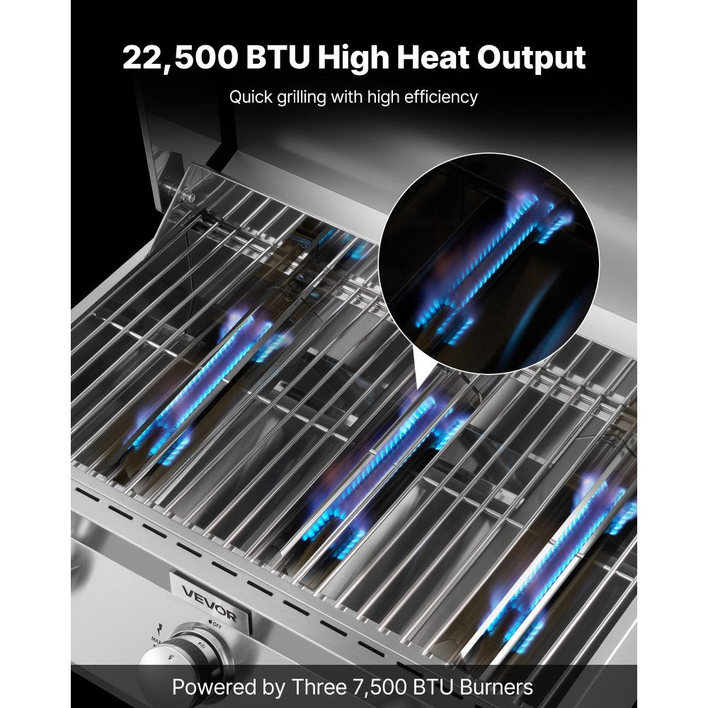 VEVOR Tabletop Gas Grill – 3-Burner Stainless Steel Portable Propane Grill, 22,500 BTU