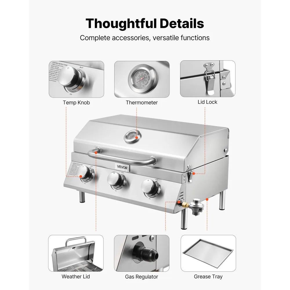 VEVOR Tabletop Gas Grill – 3-Burner Stainless Steel Portable Propane Grill, 22,500 BTU