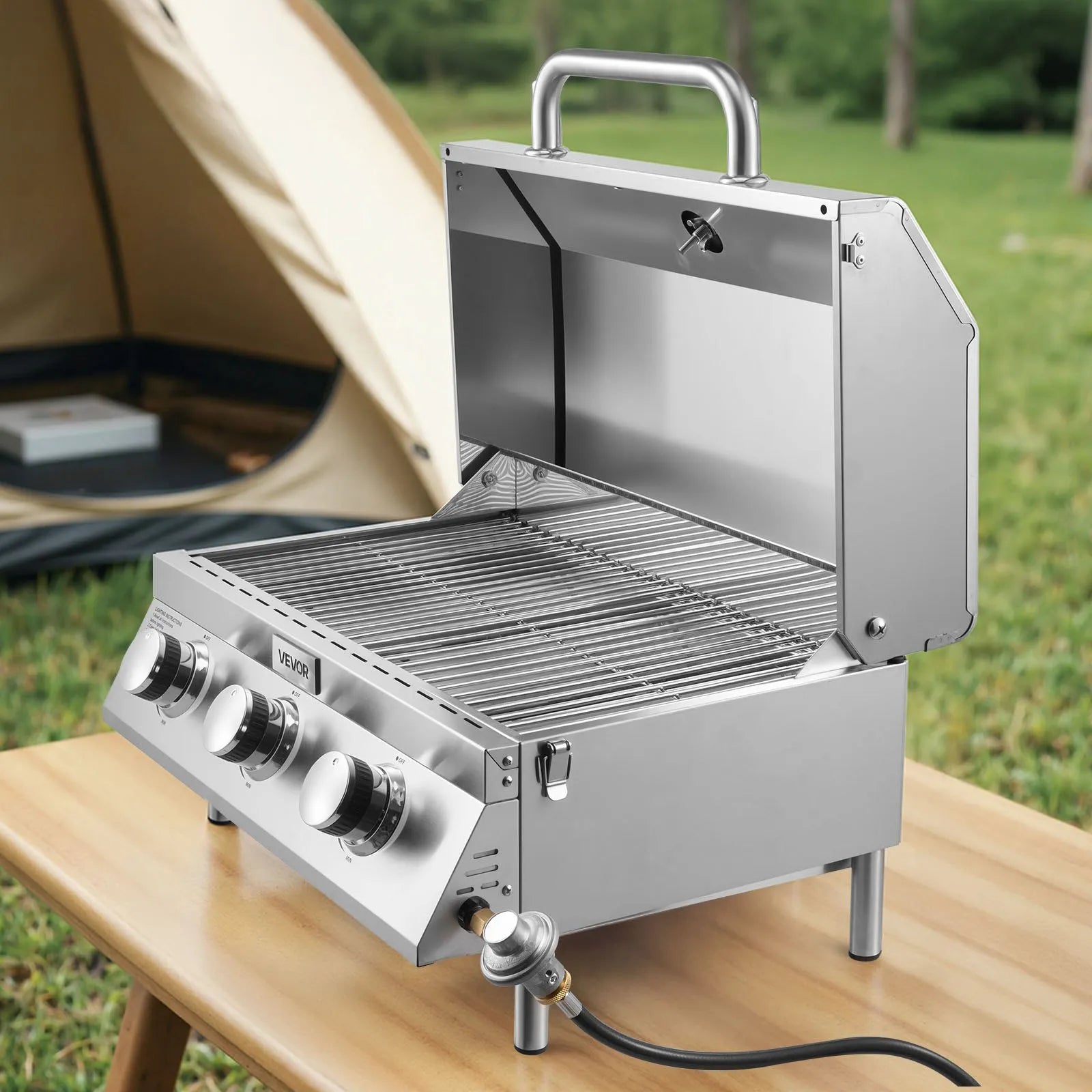 VEVOR Tabletop Gas Grill – 3-Burner Stainless Steel Portable Propane Grill, 22,500 BTU