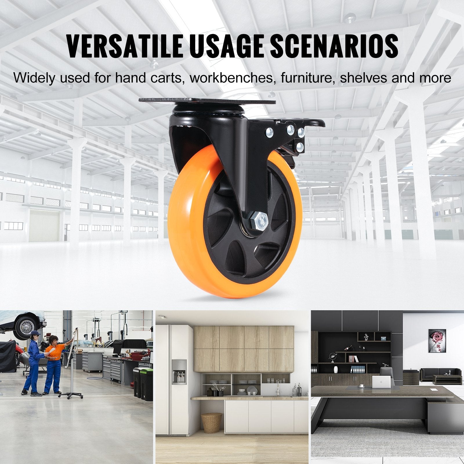 VEVOR Caster Wheels, 5-inch Swivel Plate Casters, Set of 4, with Security A/B Locking No Noise PVC Wheels, Heavy Duty 450 lbs Load Capacity Per Caster, Non-Marking Wheels for Cart Furniture Workbench