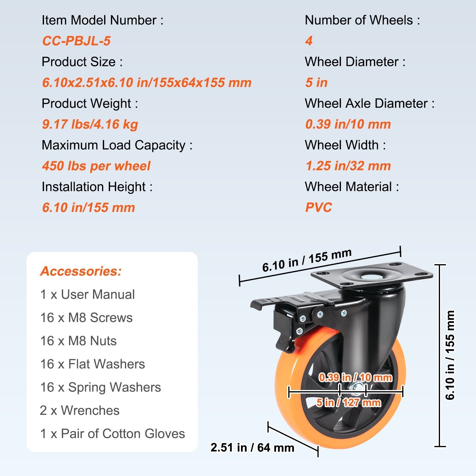 VEVOR Caster Wheels, 5-inch Swivel Plate Casters, Set of 4, with Security A/B Locking No Noise PVC Wheels, Heavy Duty 450 lbs Load Capacity Per Caster, Non-Marking Wheels for Cart Furniture Workbench