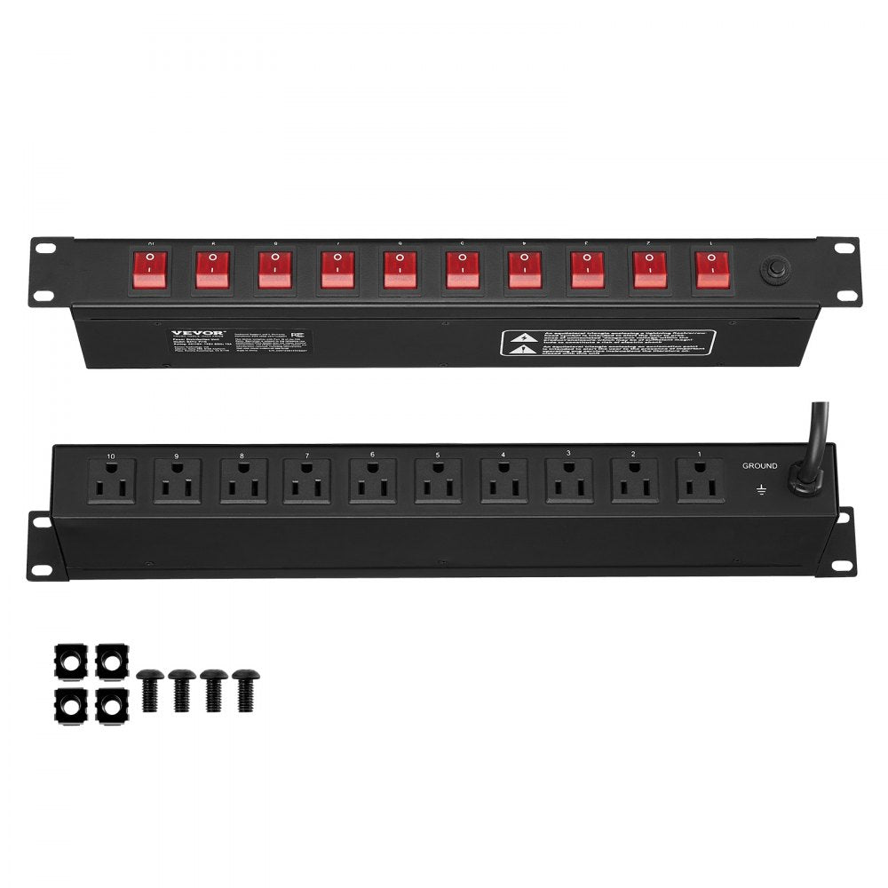 VEVOR 19" 1U PDU 10 Outlets Rack Mount Power Strip Surge  Overload Protection