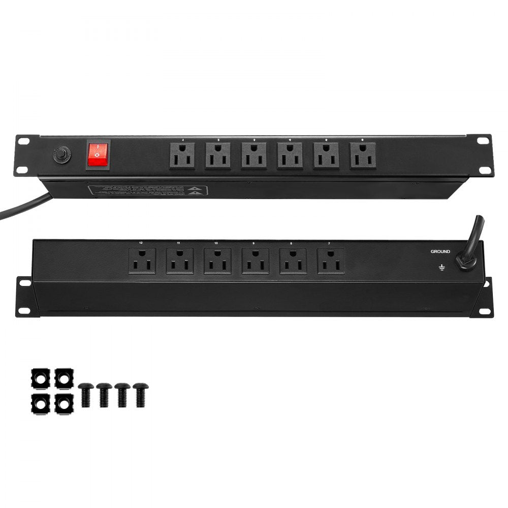 VEVOR 19" 1U PDU 12 Outlets Rack Mount Power Strip Surge Overload Protection