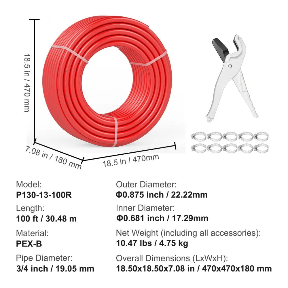 VEVOR PEX Pipe 3/4 Inch, 100 Feet Length PEX-B Flexible Pipe Tubing for Potable Water, Pex Water Lines for Hot/Cold Water & Easily Restore, Plumbing Applications with Free Cutter & Clamps ,Red